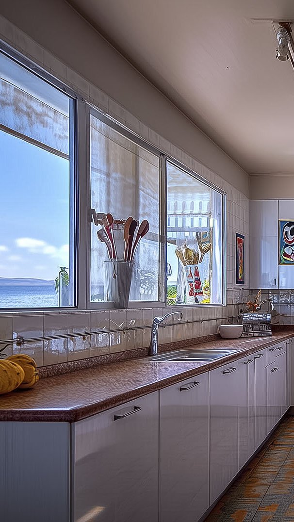 Modern kitchen interior with large windows, ocean view, white cabinets, brown countertop, sink, kitchen utensils in a container, and colorful artwork on the wall.