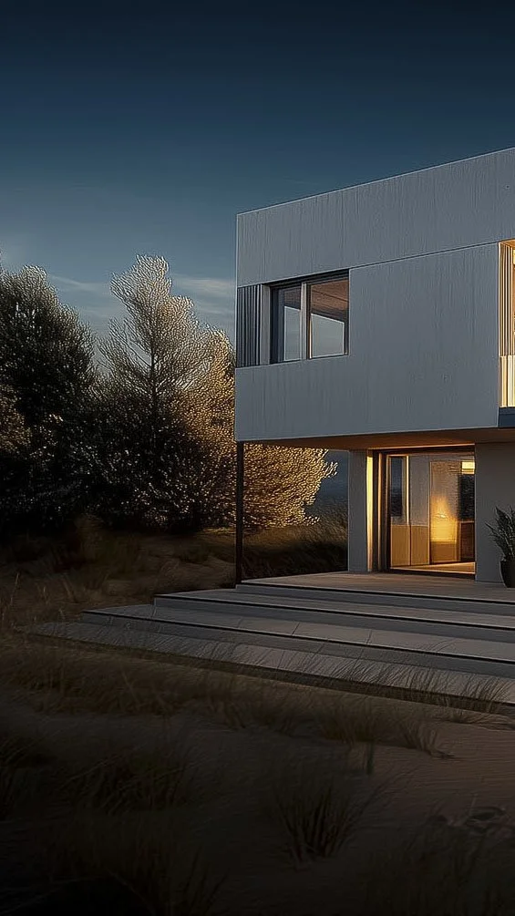 Modern two-story house with illuminated windows and minimalistic design, surrounded by trees at dusk.