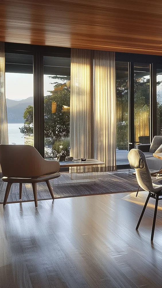 Modern living room with wooden floor, large glass windows, sheer curtains, and comfortable chairs overlooking a tranquil lake view.