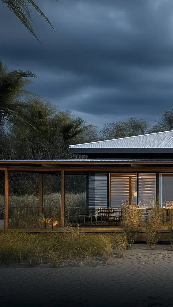 Contemporary beach house with a wooden deck, glass windows, and surrounding dunes of tall grass.