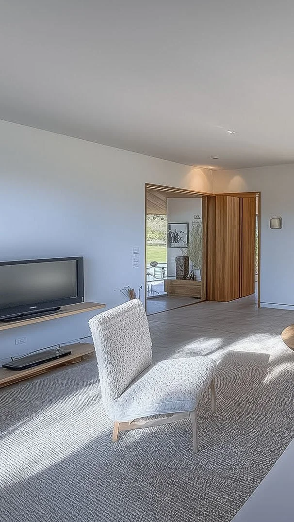 Modern living room with a flat-screen TV on a wooden stand, a white textured accent chair, light carpeting, and a view into another room with wooden panels and decor items.