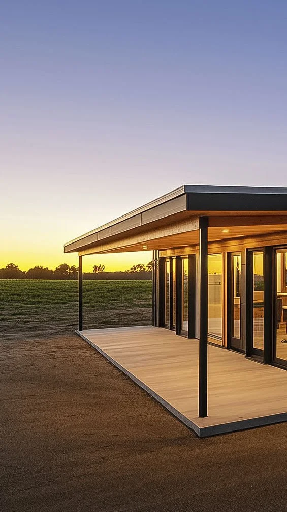 Modern house with floor-to-ceiling glass windows and flat roof at sunset.