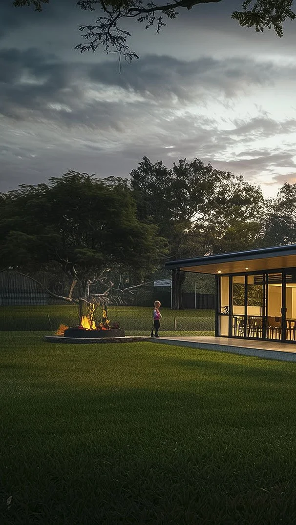 Modern house with large windows and outdoor fire pit in a grassy yard at sunset.