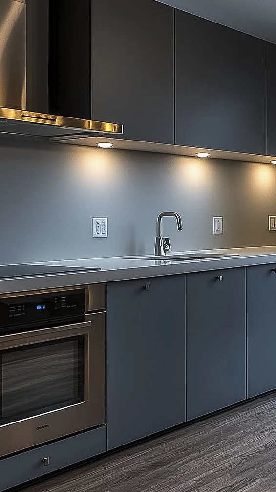 Modern kitchen with dark cabinets, stainless steel oven, electric cooktop, and under-cabinet lighting.