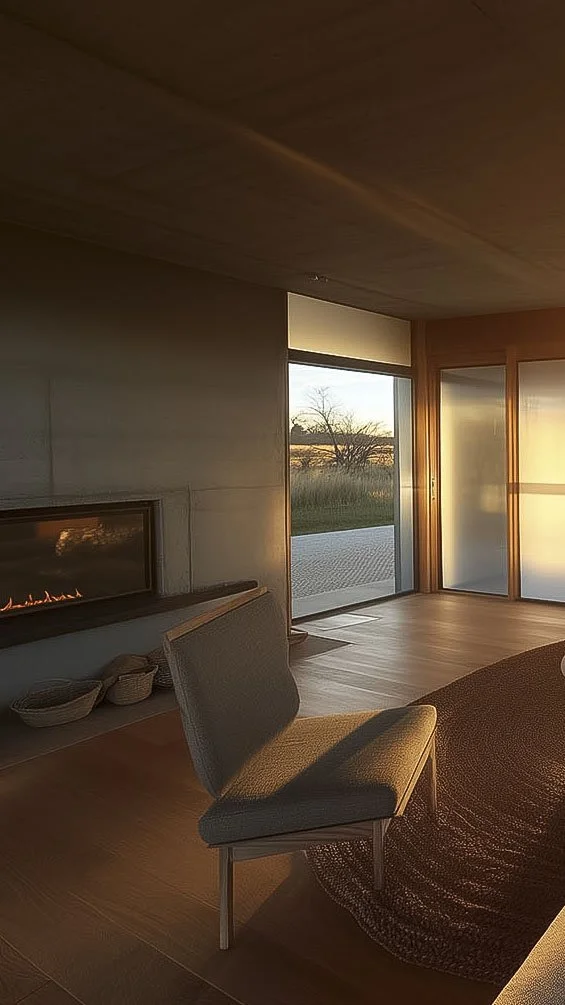 Modern interior with a gray chair, fireplace, large glass windows, and a woven rug, overlooking an outdoor landscape in warm lighting.