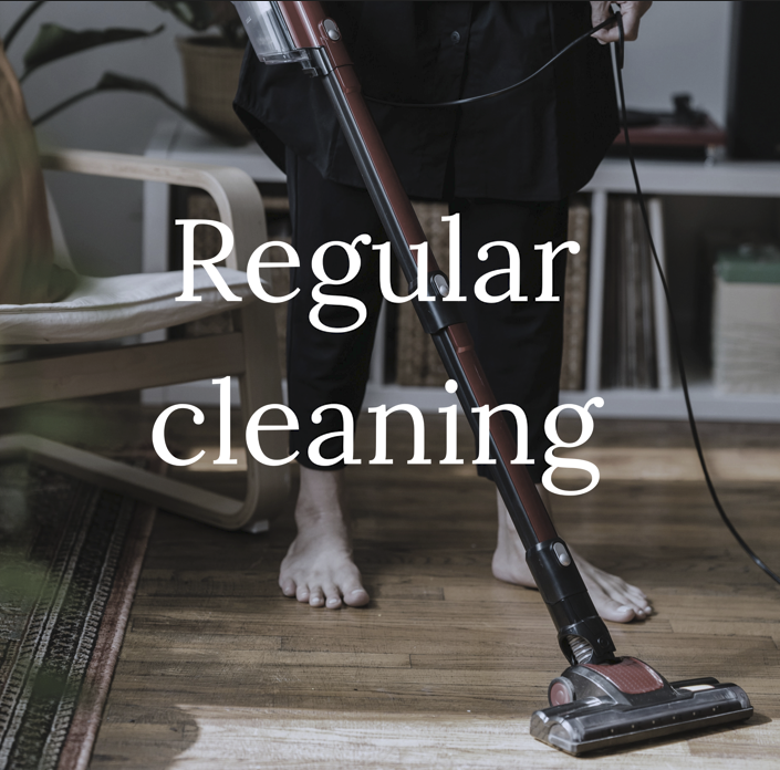 Person vacuuming wooden floor in living room.