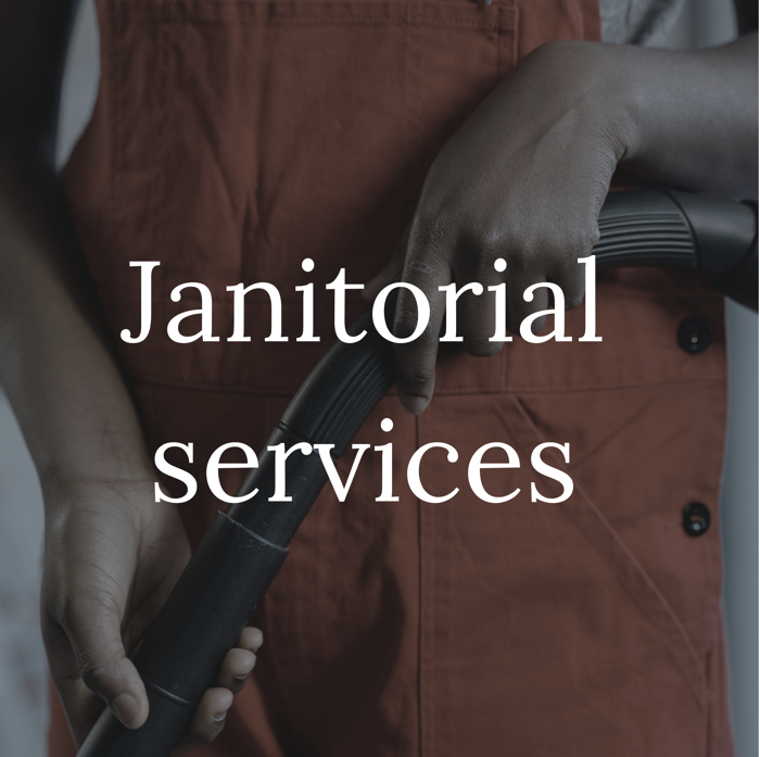 A person in an apron holding a vacuum cleaner with the text 'Janitorial services' overlaid.