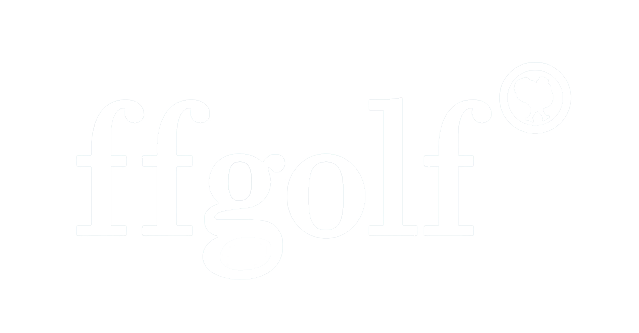 Logo de la marque FFGOLF avec texte blanc sur fond noir et un symbole de club de golf.