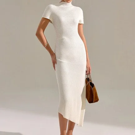 Mock Neck Short Sleeve Asymmetric Hem Maxi Dress