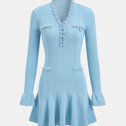 Ruffled Hem Pearl Trim Knit Mini Dress