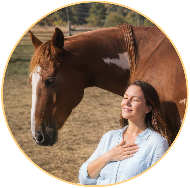woman breathing deeply with her hand on her heart while a horse supports her