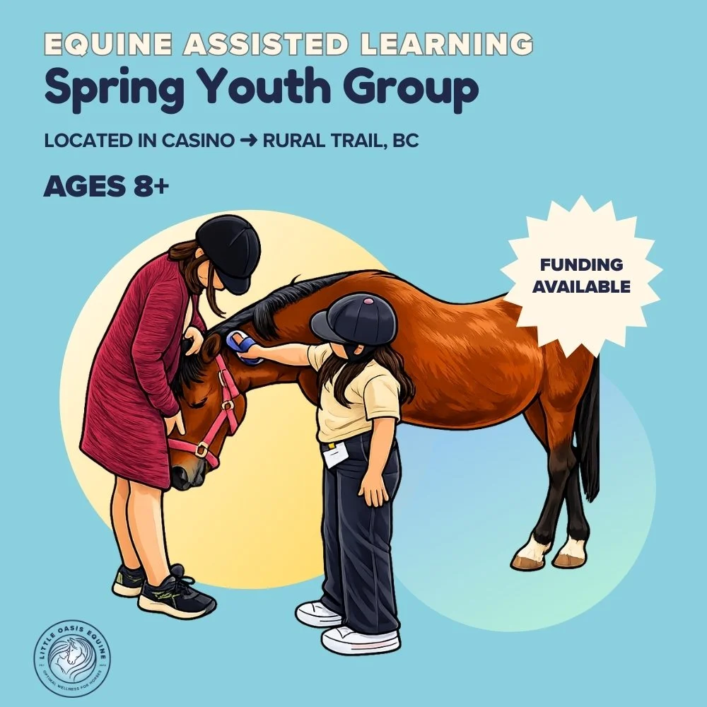 cartoon of 2 girls with a relaxed horse attending equine assisted learning