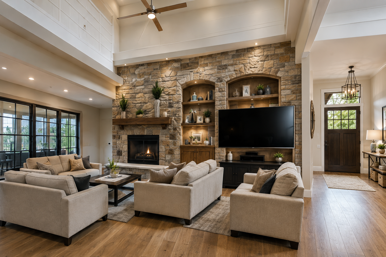 Living room with beige sofas, a stone fireplace, a large flat-screen TV, wooden shelves, and decorative plants.