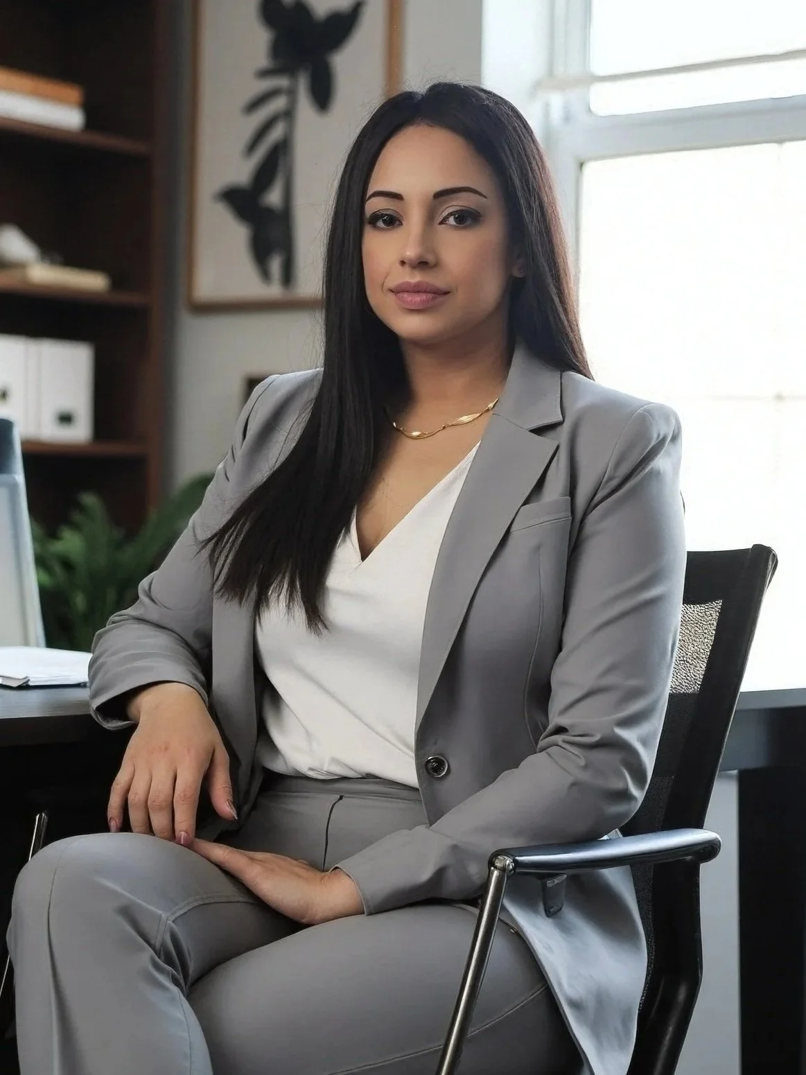 A professional woman with long dark hair, wearing a grey suit and white blouse, sitting at a desk in an office. She is looking at the camera with a neutral expression, in front of a window with blinds and a city view.