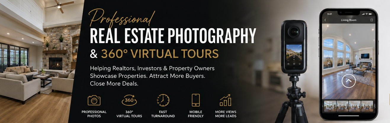 A promotional banner for real estate photography and virtual tours showing a living room with large windows, a camera on a tripod, and a smartphone displaying a 360-degree view of the room.