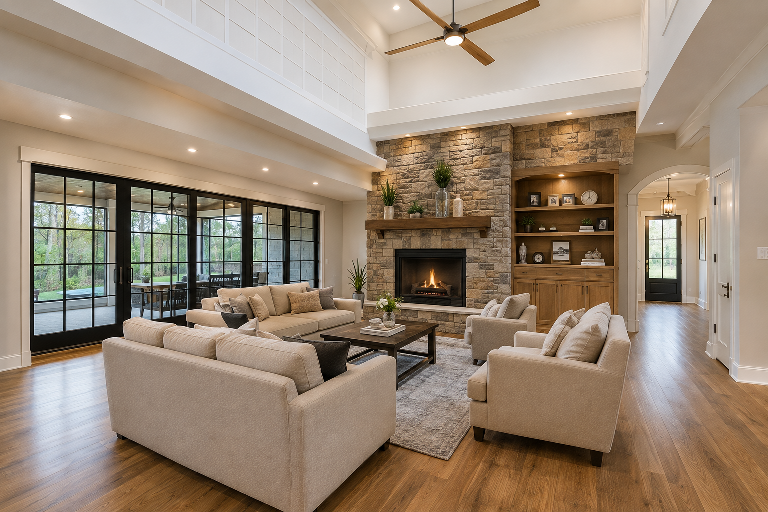 Spacious living room with beige sofas and armchairs arranged around a wood coffee table, stone fireplace with a fire, built-in wooden bookshelf, large sliding glass doors leading to an outdoor patio, and hardwood floors.