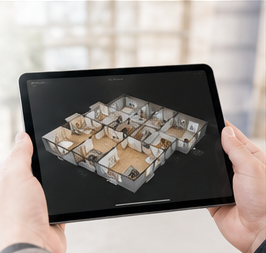 Person holding a tablet displaying a 3D floor plan of a house layout.