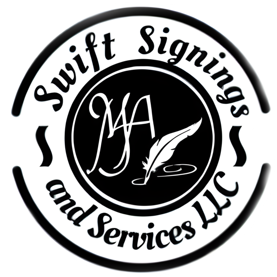 A circular black and white logo for 'Swift Signings and Services LLC' featuring a feather quill and the initials 'JMA' in the center.