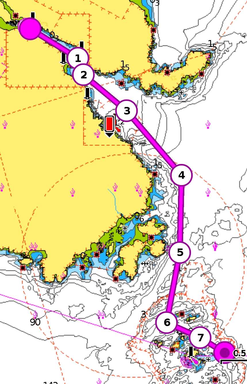 Screenshot of a marine navigation system, showcasing waypoints and a planned route