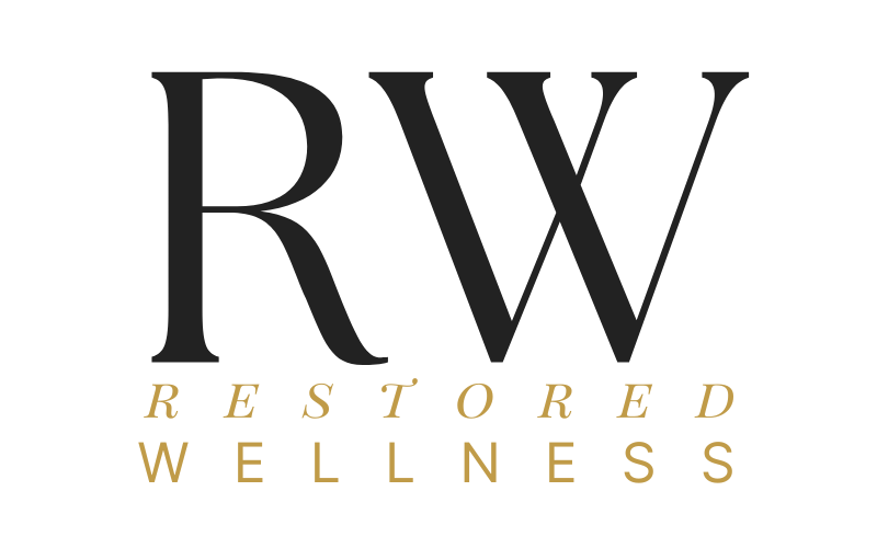 Logo of RW Restored Wellness with black letters and gold accents.