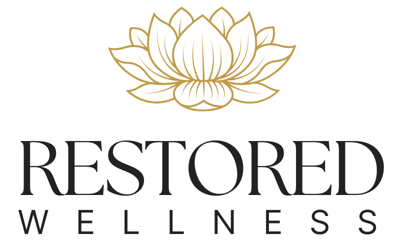 Logo of Restored Wellness featuring a lotus flower above the text.