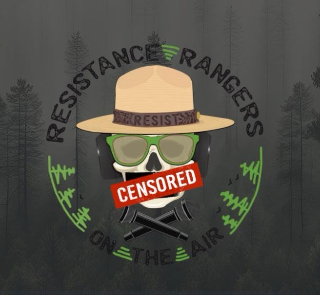 Skull with a ranger hat and glasses. Uncensored covering the mouth. The words "Resistance Rangers on the air" circled around.
