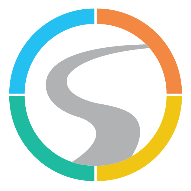Stoneriver Elearning logo with a black background, featuring a gray winding road in the center. The outer ring has multiple segments in blue, orange, yellow, and teal colors.