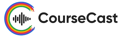 CourseCast logo with a black hand inside a rainbow-colored circle on a blue background