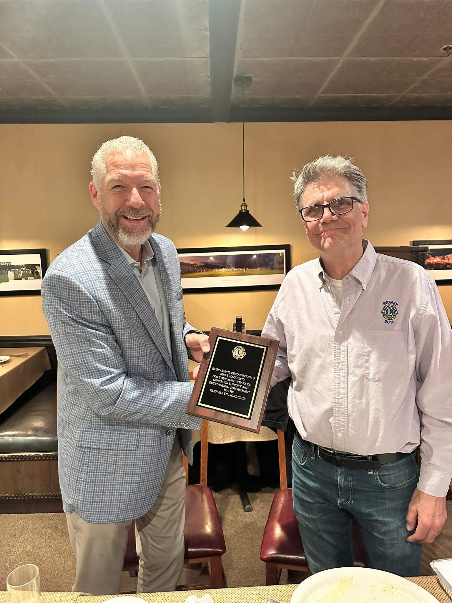Tonight we welcomed as our guest speaker Jerry Haggerty of Jerry Haggerty CHEVROLET.  He has been a long time supporter of our club&rsquo;s projects and making it possible for us to continue serve the Glen Ellyn community.  We presented him a plaque 