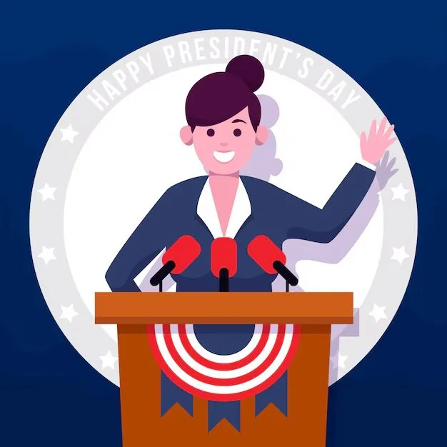 Illustration of a woman giving a speech at a podium with a red, white, and blue patriotic banner, celebrating President's Day, with a circle in the background reading 'Happy President's Day'.