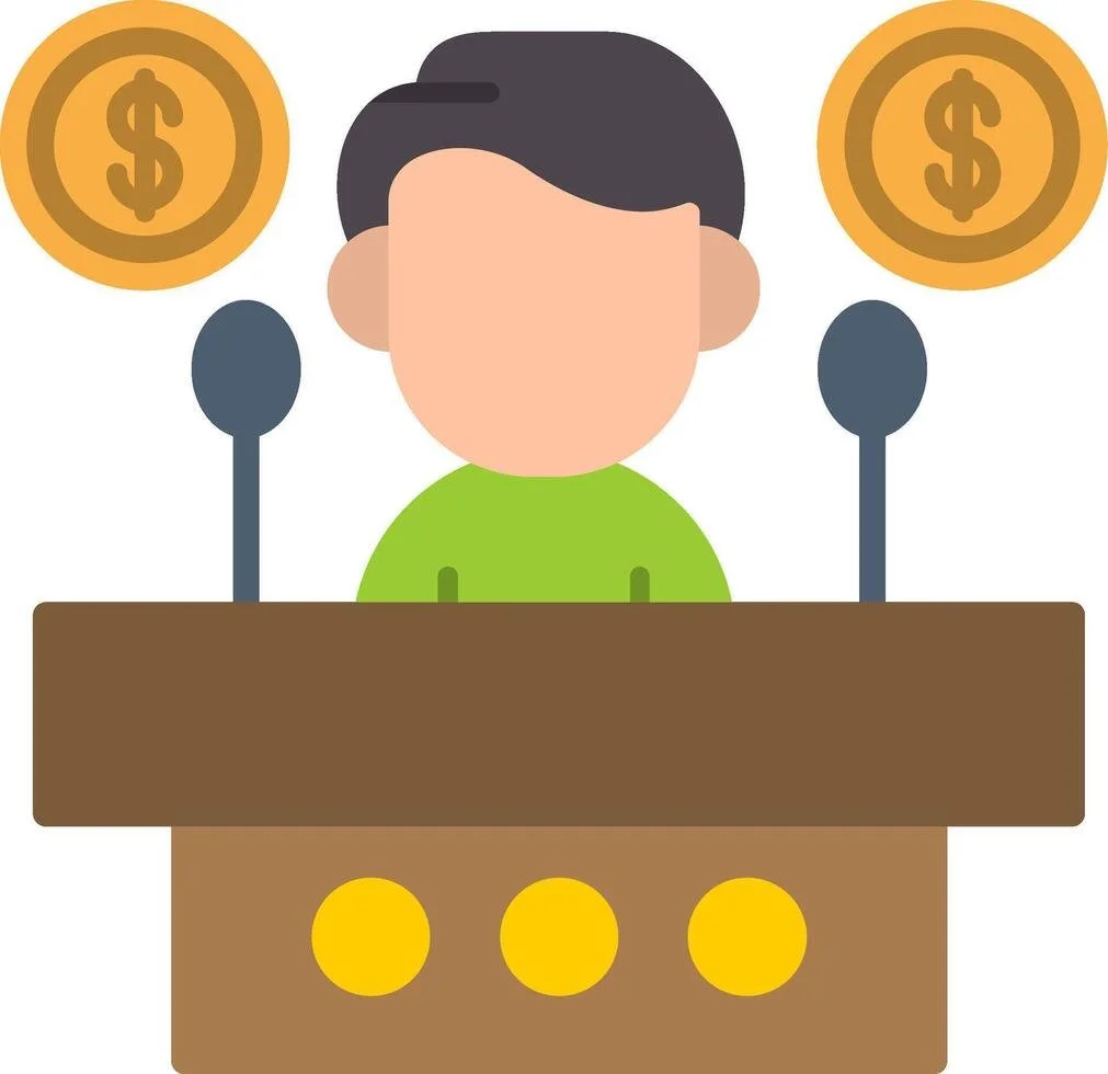 A cartoon person sitting at a desk with two microphones and two dollar signs in circles above, representing talking about money or finance.