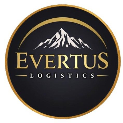 Logo of Evertus Logistics with a mountain icon and gold accents on a black background.