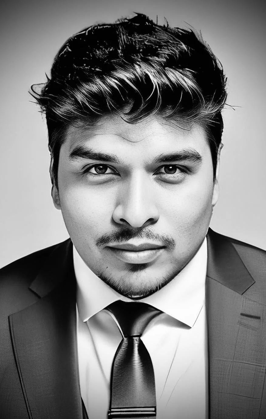 Black and white portrait of a man in a suit and tie.