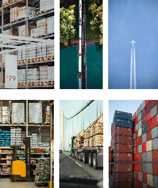 Collage of images showing industrial and transportation themes, including a warehouse with shelves, a train on a bridge, an airplane in the sky, a forklift in a store, a truck on a highway, and stacked shipping containers.