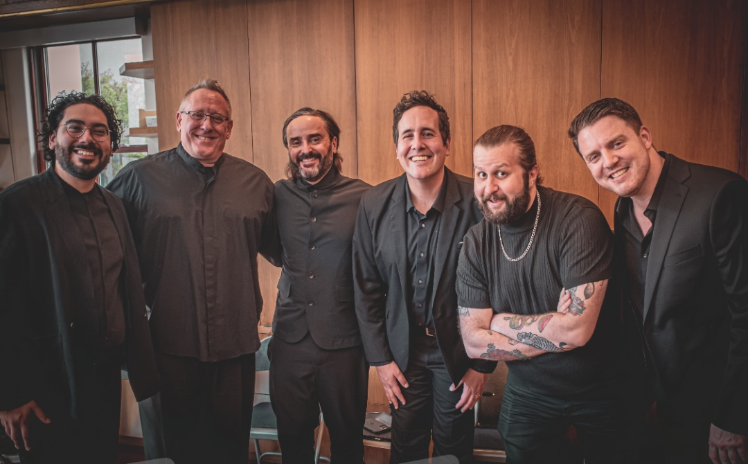 Tenors of the LA Master Chorale, David Morales, Michael Lichtenauer, Matthew Brown, Casey Breves, Adam Faruqi, and Michael Jones, backstage at LA Master Chorale's Sacred Spaces concert, April 8, 2025