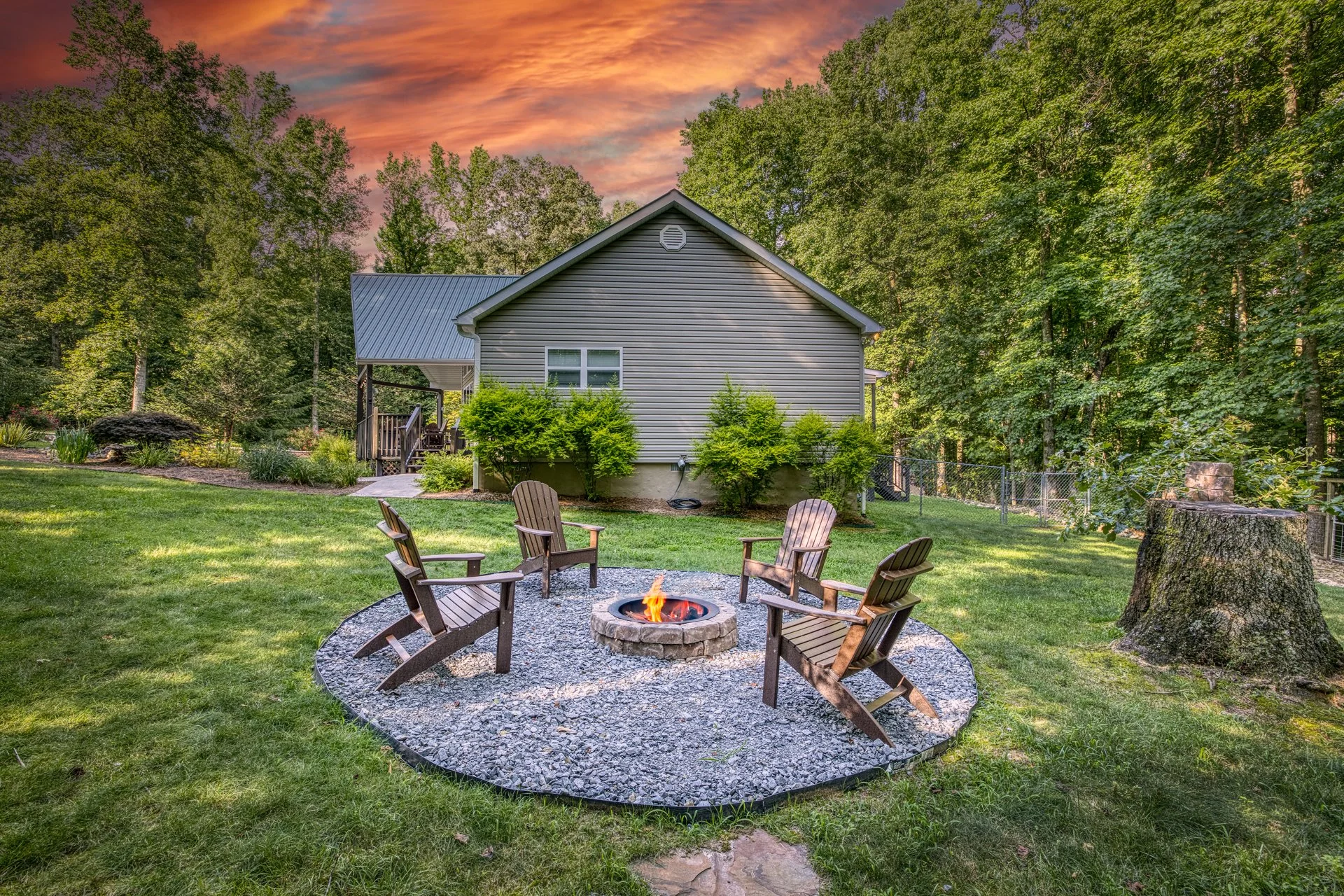 Newly added firepit with comfortable seating, perfect for gathering under the stars, roasting s’mores, and enjoying the warmth of a crackling fire in a peaceful outdoor setting.