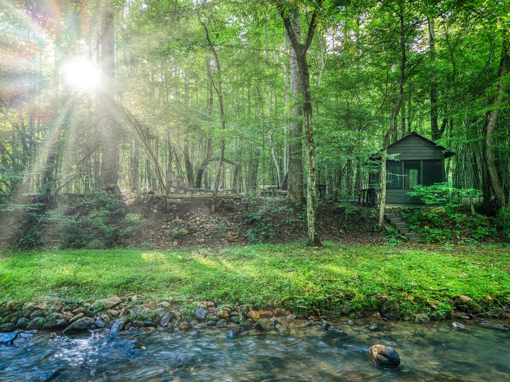 A forest with tall trees, sunlight shining through the leaves, a creek at the foreground, and a small dark-colored screen room with stairs and a deck among the trees in the background.