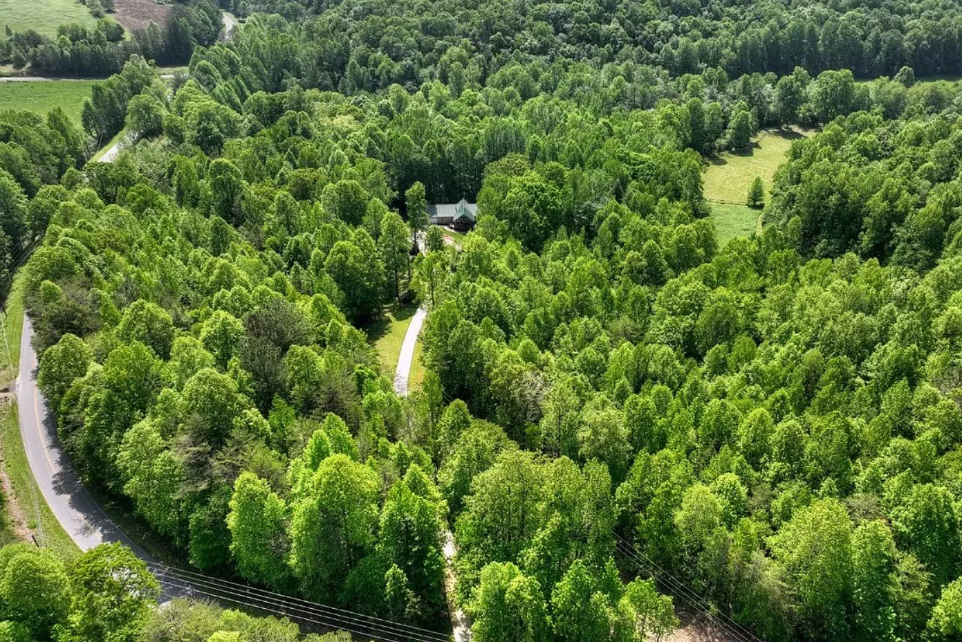 Aerial drone view showcasing the expansive grounds of Sacred Waters, including lush forests, private creek access, walking paths, a bamboo jungle, and multiple firepits, all surrounded by natural beauty.