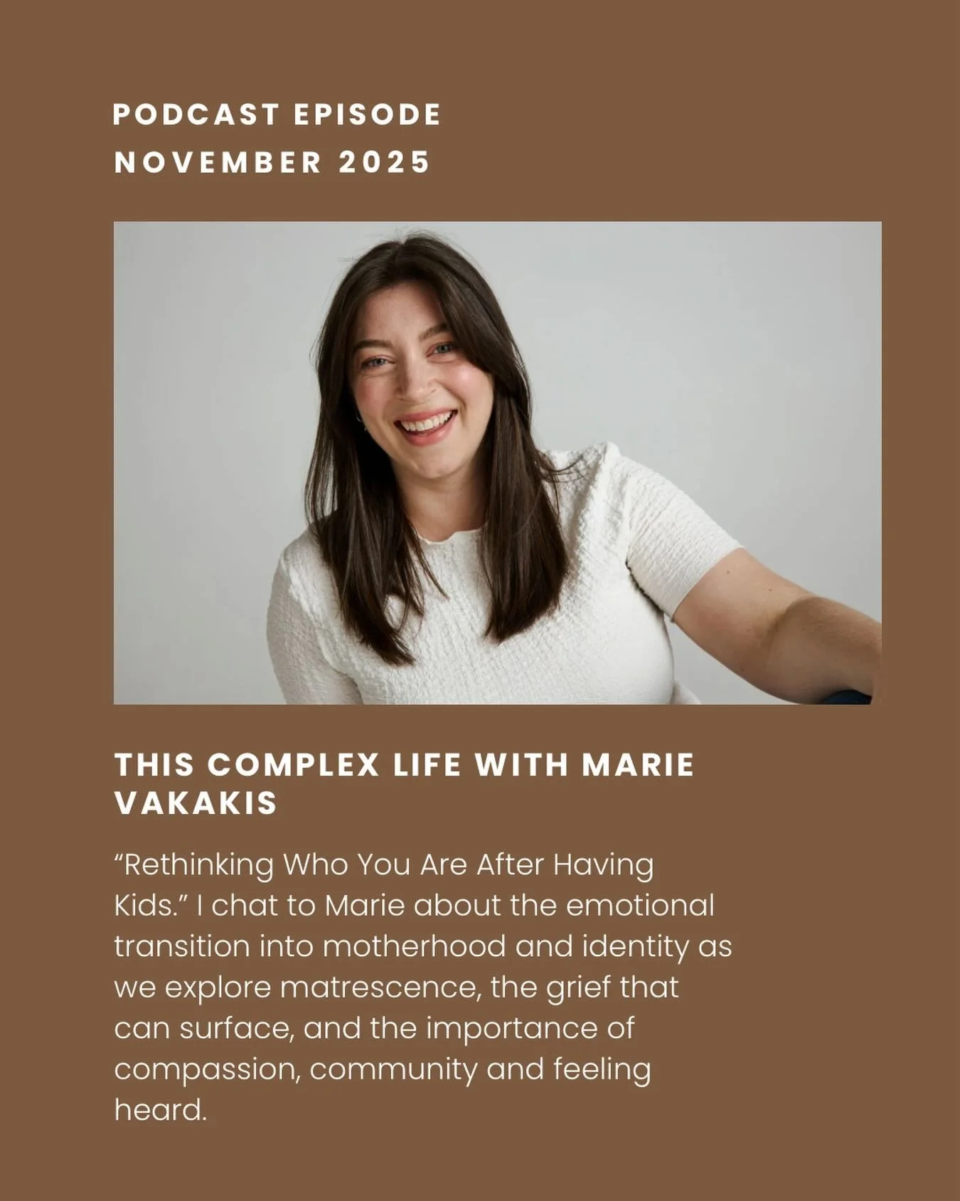 I sat down with Marie Vakakis on her podcast This Complex Life to talk about matrescence and the identity changes that can happen after becoming a parent. We discussed the emotional load, the role of self-compassion, and why honest conversations abou