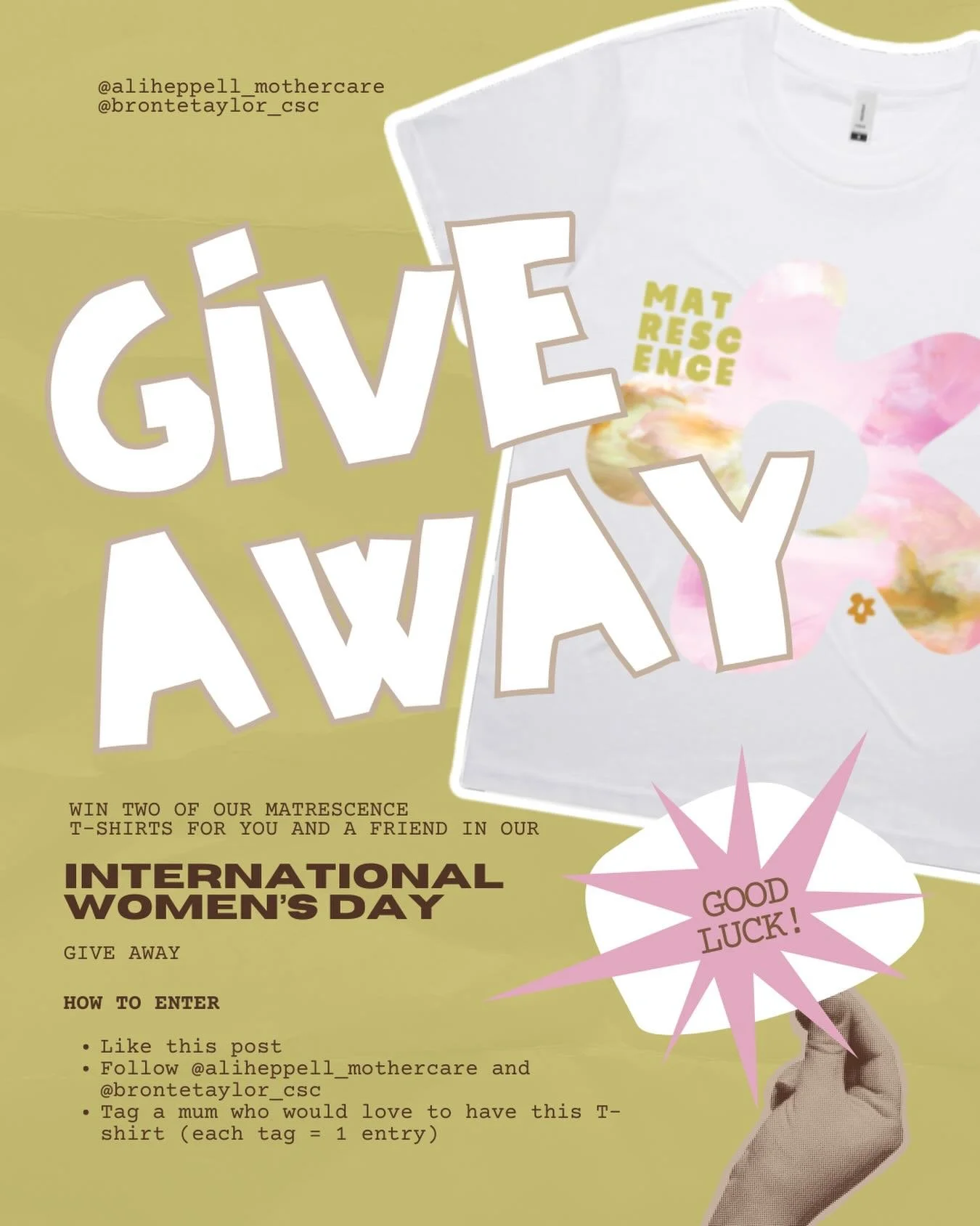 International Women's Day Matrescence T-shirt Giveaway&nbsp;🌸💫

To celebrate IWD and continue to highlight women's experiences, we are giving away TWO of our Matrescence T-shirts&nbsp;

HOW TO ENTER
1️⃣ Like this post
2️⃣ Follow&nbsp;@aliheppell_mo