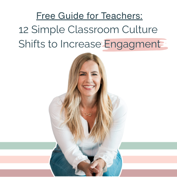 Female teacher smiling at camera  with stripes in background.