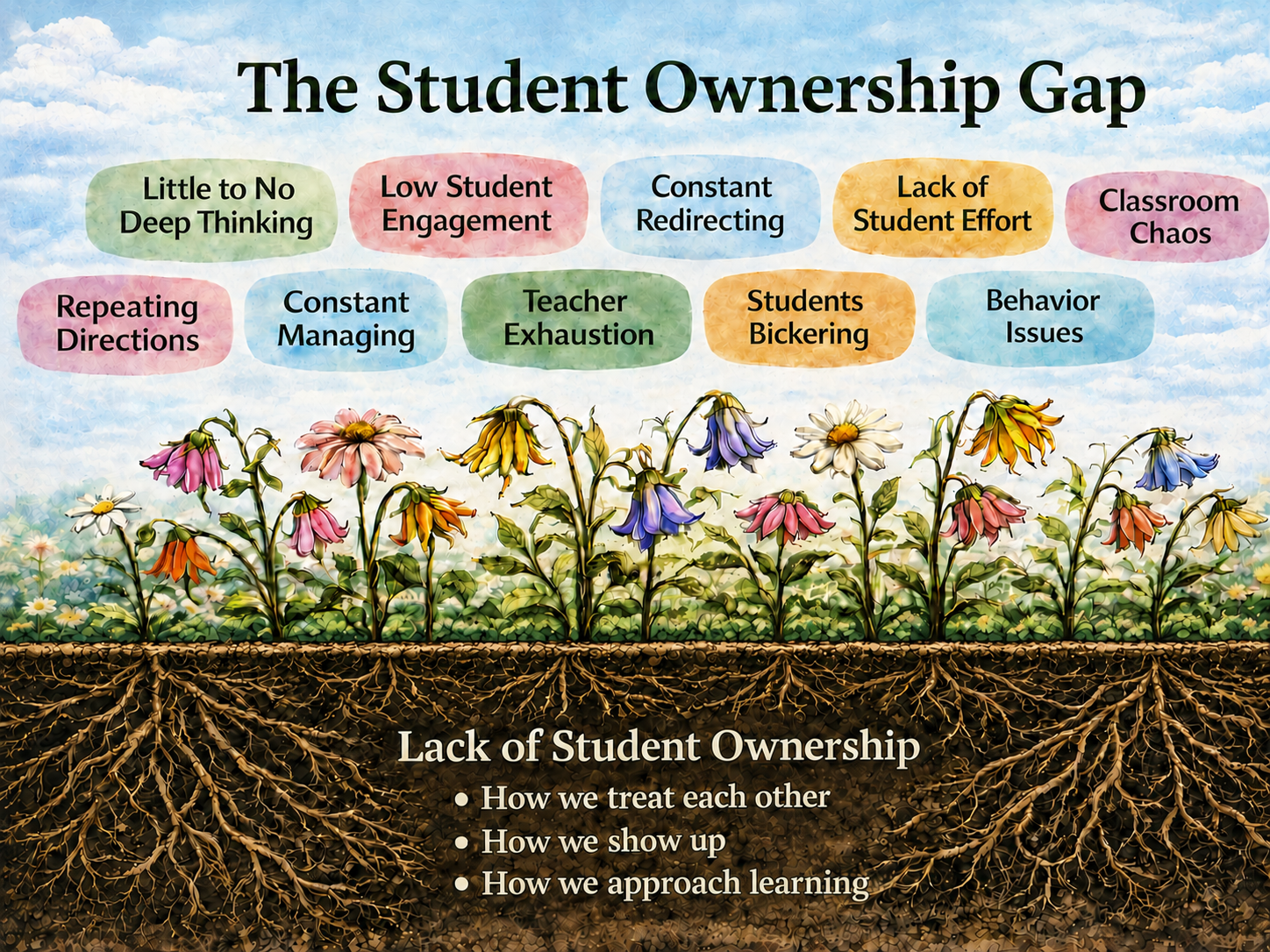 Illustration titled "The Student Ownership Gap," showing common classroom challenges above wilted flowers and "Lack of Student Ownership" beneath the roots, defined by how students treat each other, show up, and approach learning.