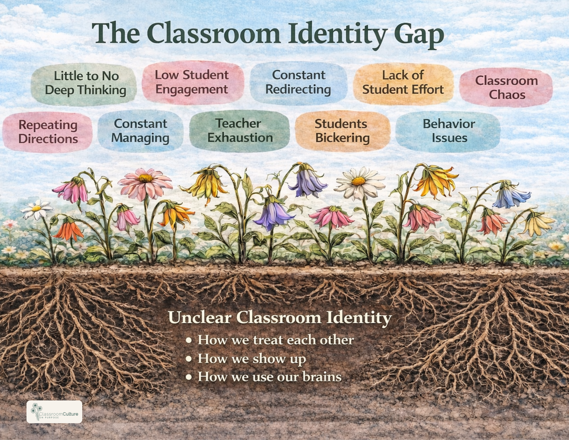 Illustration showing the classroom identity gap, with dead flowers symbolizing behavior issues, student disengagement and classroom chaos caused by an unclear classroom identity at the root.