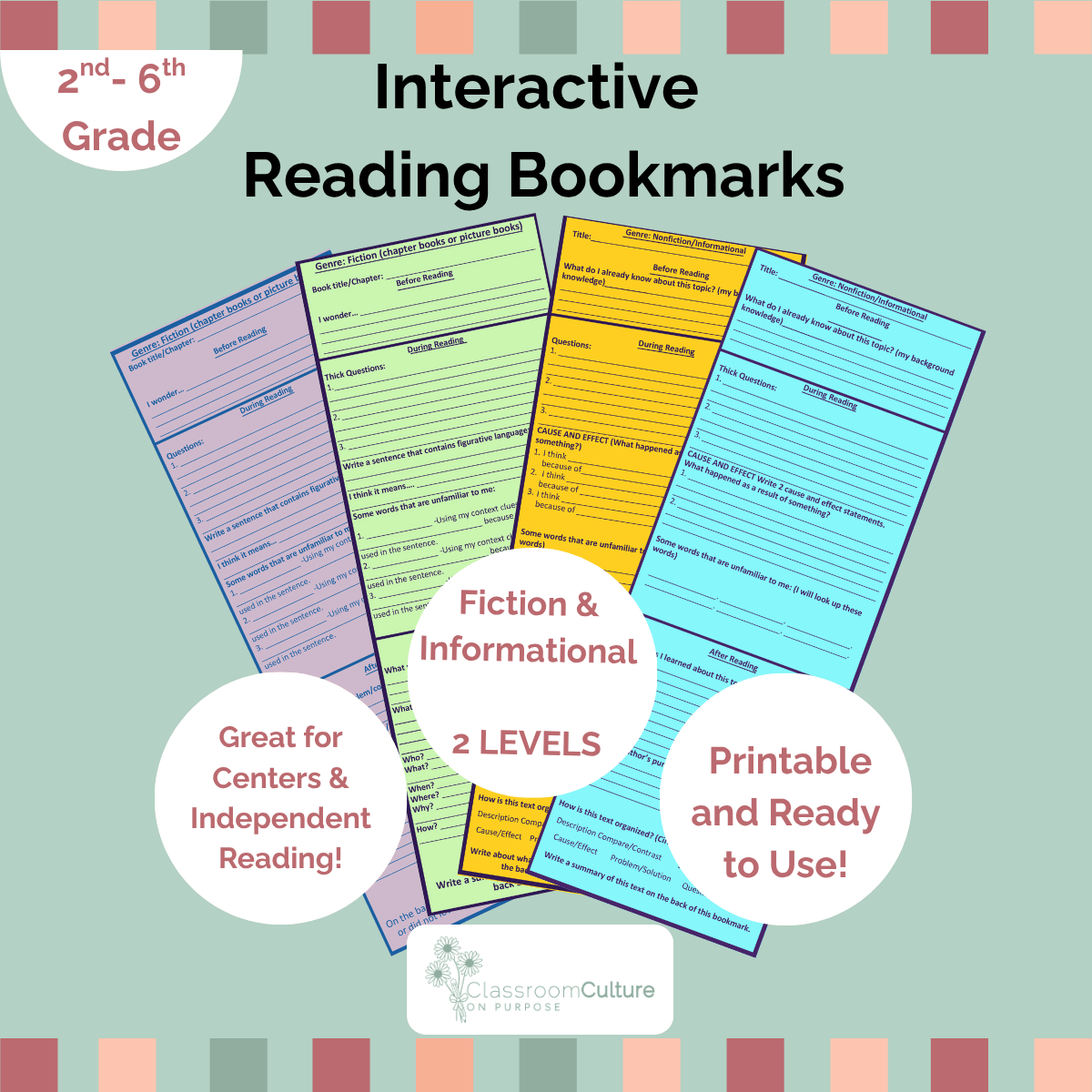 Interactive reading bookmarks for fiction and nonfiction with two different levels to use before, during and after reading.