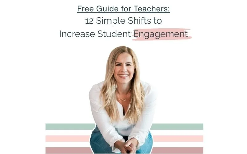 Teacher leaned over smiling at the camera with stripes in the background.