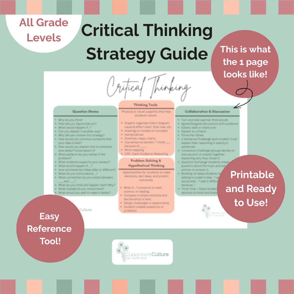 Cover image for the Critical Thinking Strategy Guide for teachers to promote deep thinking in the classroom.