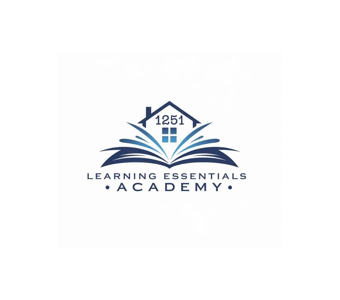 Logo for Learning Essentials Academy featuring a house with a window, a roof, and an open book underneath.