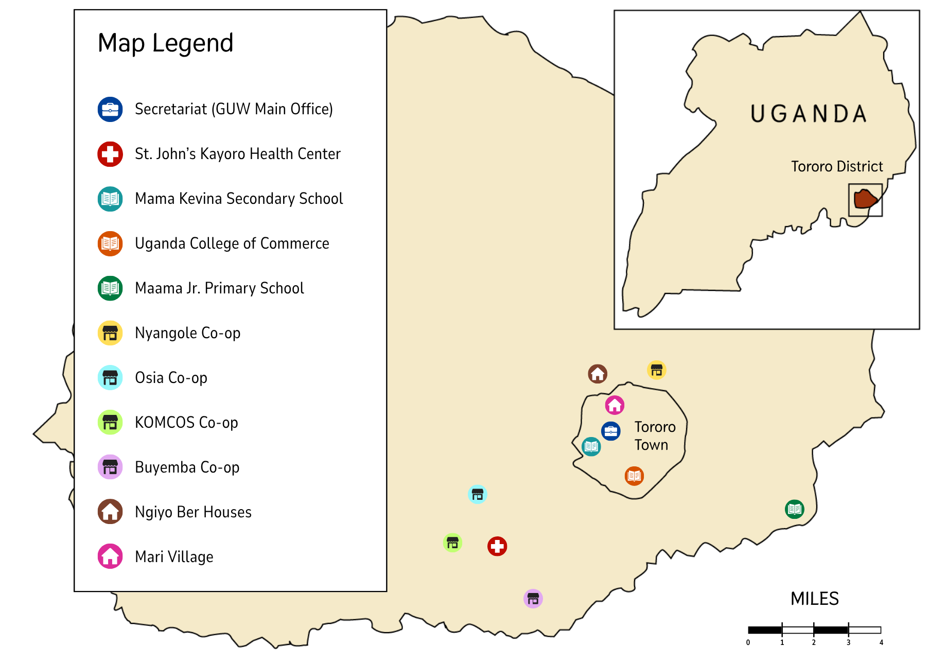 Map of the Tororo district showiung the locations where Give Us Wings works