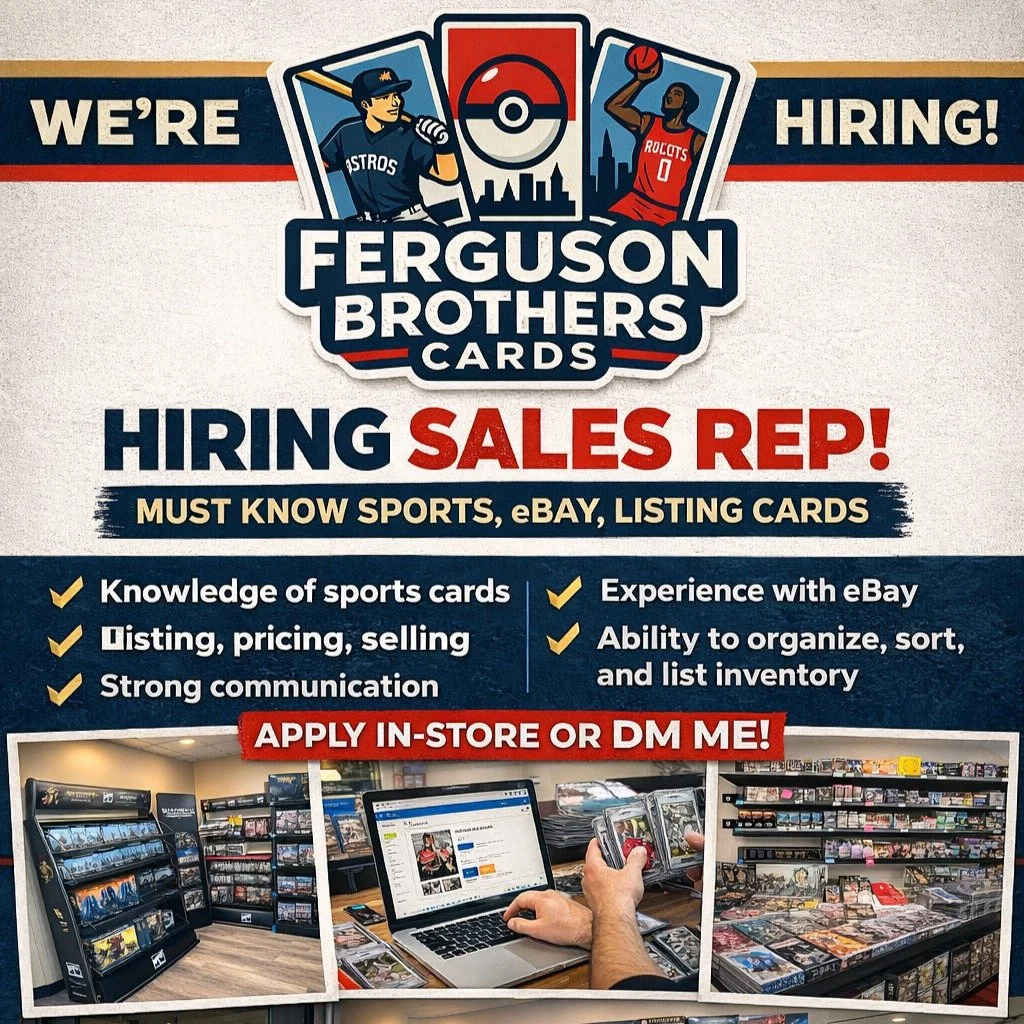 🚨 WE&rsquo;RE HIRING 🚨
Ferguson Brothers Cards is looking for a Sales Rep to join the team!

If you know sports cards and understand the eBay game, we want you.

💼 What you need:
✔ Knowledge of sports cards
✔ Experience with eBay
✔ Listing, pricin