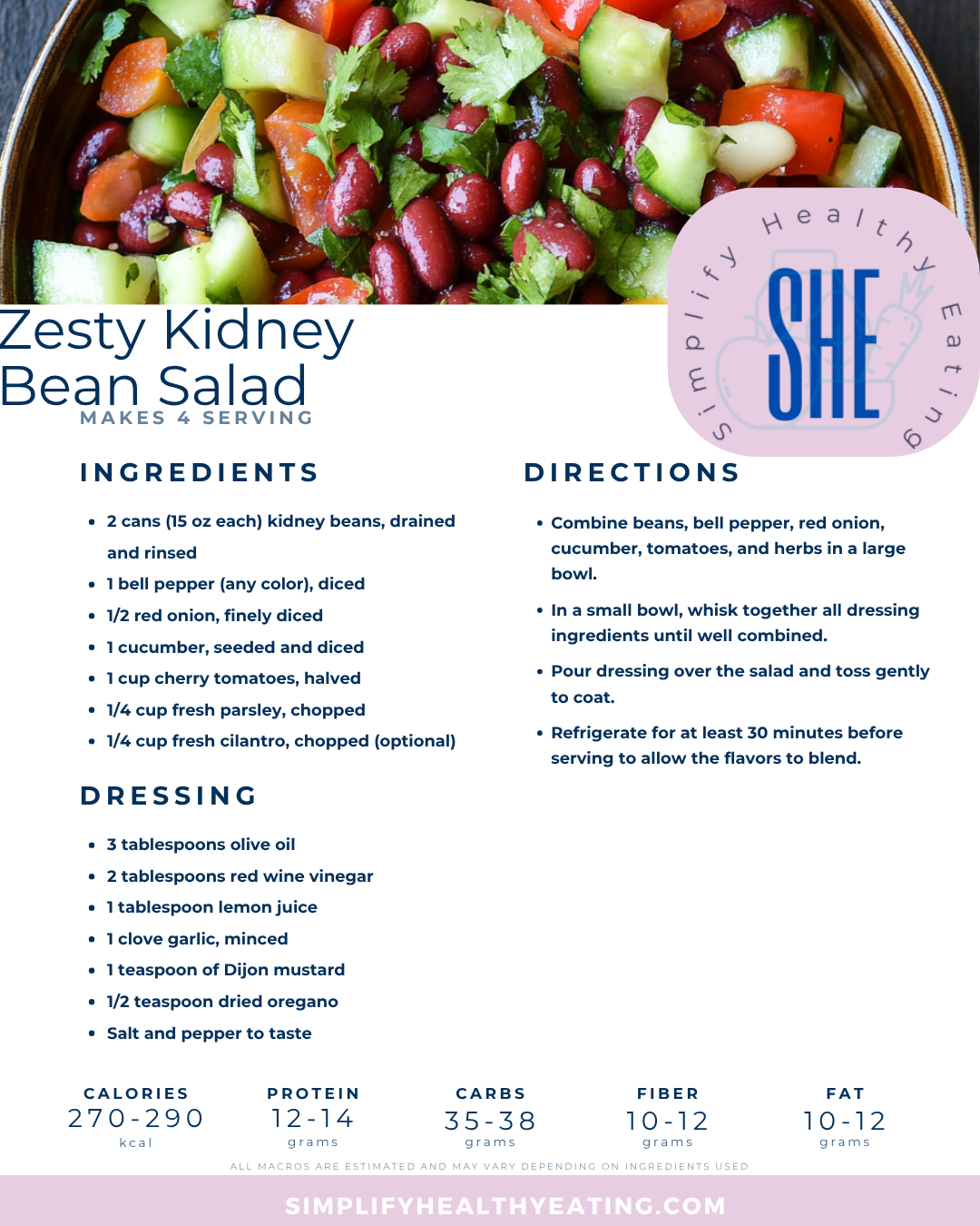 Zesty kidney bean salad with cucumber, cherry tomatoes, bell pepper, red onion, parsley and homemade dressing.